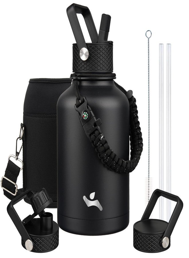 Konokyo Insulated Water Bottle with Straw,50 oz 3 Lids Water Jug with Carrying Bag,Paracord Handle,Double Wall Vacuum Stainless Steel Metal Flask,Black - Image 1